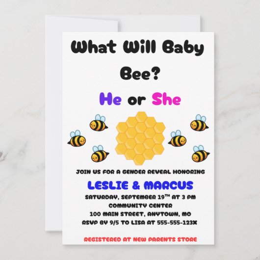 What Will Baby Bee Gender Reveal Einladung (Vorderseite)