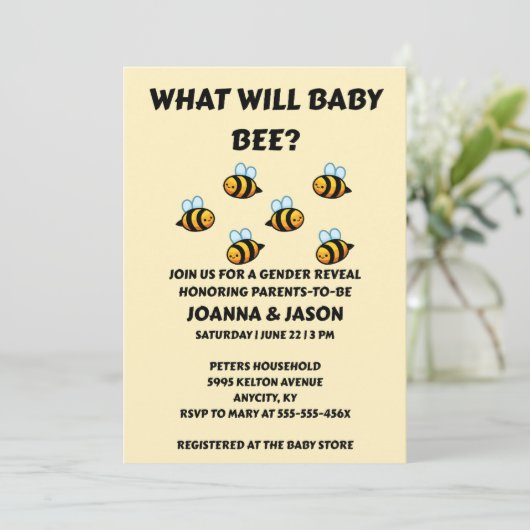 What Will Baby Bee gender reveal party Einladung (Stehend Vorderseite)