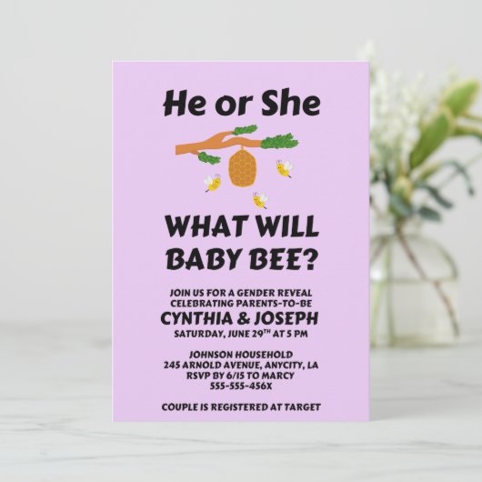 What Will Baby Bee gender reveal party Einladung (Stehend Vorderseite)