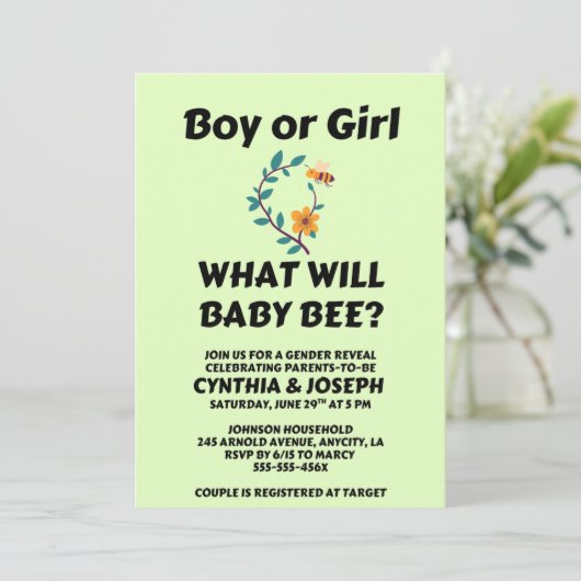 What Will Baby Bee gender reveal party Einladung (Stehend Vorderseite)