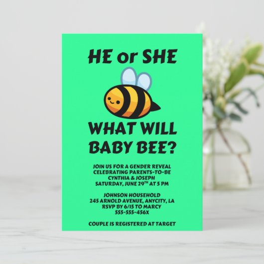 What Will Baby Bee gender reveal party Einladung (Stehend Vorderseite)