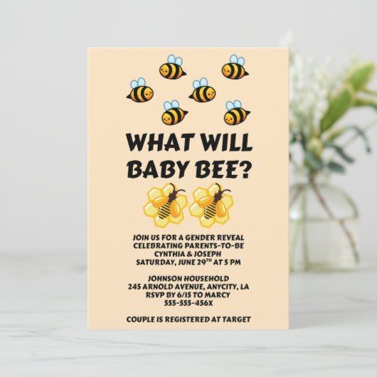 What Will Baby Bee gender reveal party Einladung (Stehend Vorderseite)
