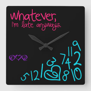 whatever, i'm late anyways - pink, purple and aqua quadratische wanduhr