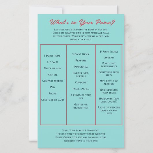 What's in Your Purse? Bachelorette Party Game (Vorderseite)