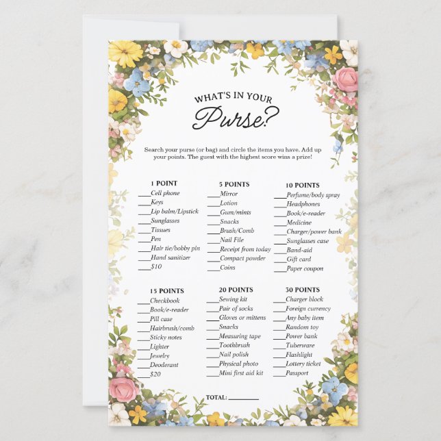 What's in your Purse Bridal Floral Party Game (Vorderseite)
