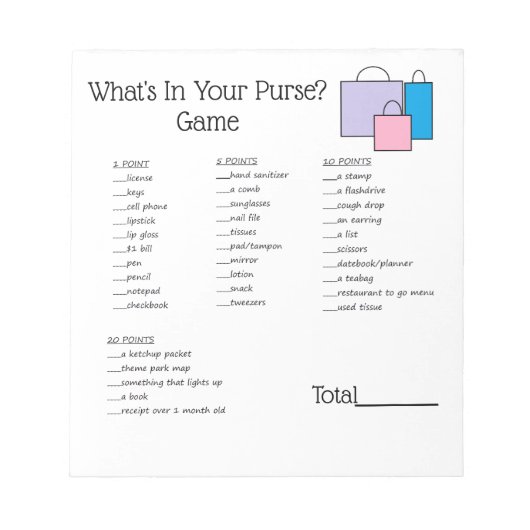 "What's in Your Purse"-Game-Notepad Notizblock (Vorderseite)
