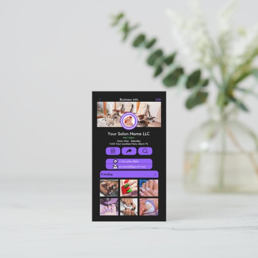 WhatsApp Nail Salon Lila | QR-Code für soziale Med Visitenkarte (Stehend Vorderseite)