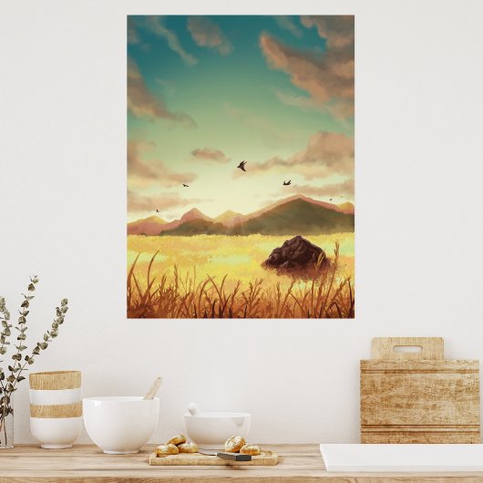 Wheat fields at sunrise poster (Küche)