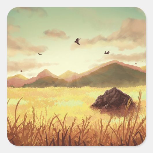 Wheat fields at sunrise quadratischer aufkleber (Vorderseite)