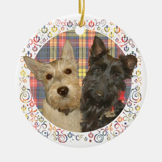 Wheaten & Black Scott auf Tartan Keramik Ornament (Vorne)
