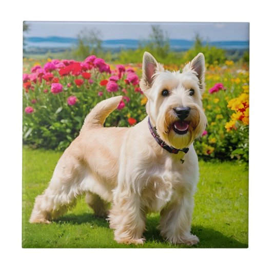Wheaten Scottish Terrier spielt in Blume Grass Fliese (Vorderseite)