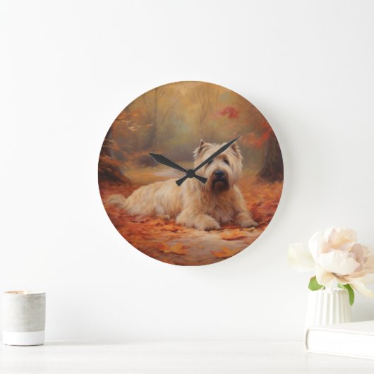 Wheaten Terrier im Herbst Leaves Inspiriert Große Wanduhr (Zuhause)