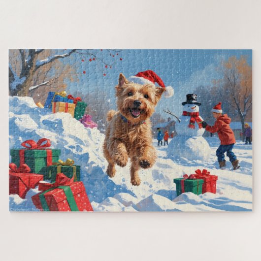 Wheaten Terrier läuft im Schnee mit Weihnachtshut Puzzle (Horizontal)