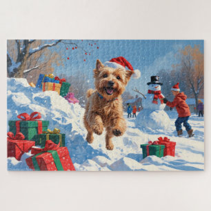 Wheaten Terrier läuft im Schnee mit Weihnachtsmütz Puzzle