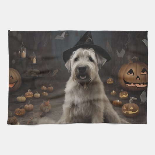 Wheaten Terrier Pumpkins Halloween Beängstigend Geschirrtuch (Horizontal)