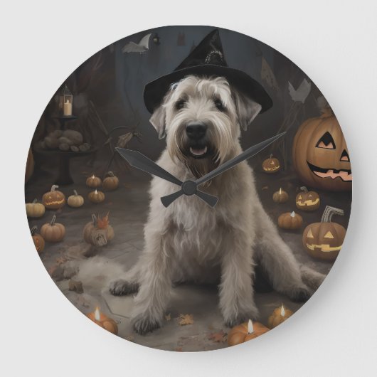 Wheaten Terrier Pumpkins Halloween Beängstigend Große Wanduhr (Vorderseite)