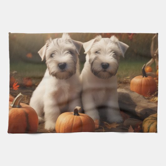 Wheaten Terrier Welpe Autumn Delight Pumpkin Geschirrtuch (Horizontal)