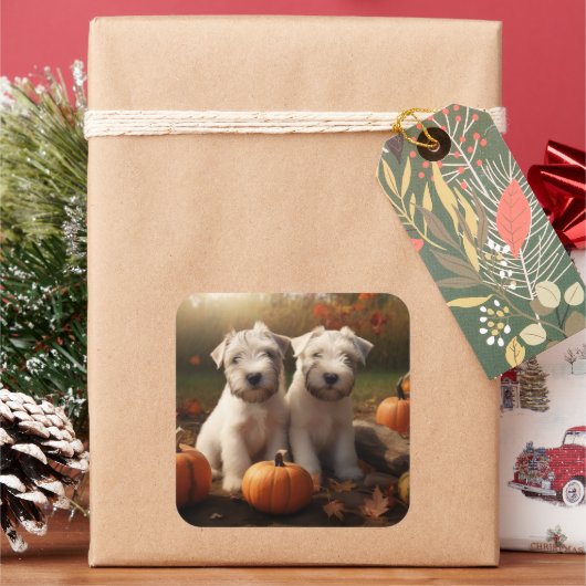 Wheaten Terrier Welpe Autumn Delight Pumpkin Quadratischer Aufkleber (Feiertag)