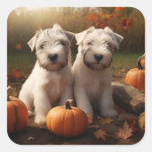 Wheaten Terrier Welpe Autumn Delight Pumpkin Quadratischer Aufkleber (Vorderseite)