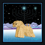 "Wheaten Terriers at Chanukah" Poster<br><div class="desc">"Wheaten Terriers at Chanukah" ist ein einzigartiges Kunstdesign für den jüdischen Urlaub "Chanukah",  mit zwei weich beschichteten Weizenterrassen und einer Hanukkah Menorah,  die von den Sternen beleuchtet wird. Wir haben das Innere der Kartenleere links,  damit Sie es anpassen können. Original Wheaten Kunstwerk Â© Melanie Light 2005.</div>