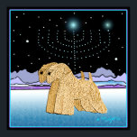"Wheaten Terriers at Chanukah" Poster<br><div class="desc">"Wheaten Terriers at Chanukah" ist ein einzigartiges Kunstdesign für den jüdischen Urlaub "Chanukah",  mit zwei weich beschichteten Weizenterrassen und einer Hanukkah Menorah,  die von den Sternen beleuchtet wird. Wir haben das Innere der Kartenleere links,  damit Sie es anpassen können. Original Wheaten Kunstwerk Â© Melanie Light 2005.</div>