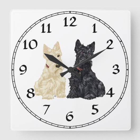 Wheaten u. schwarze schottische Terrier Quadratische Wanduhr (Vorderseite)