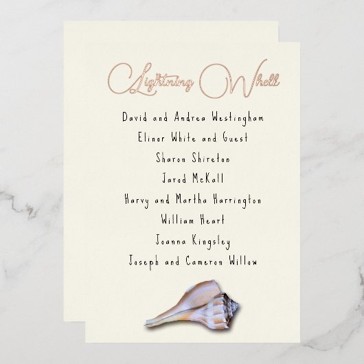 Whelk Seashell Guest List Table Name Cards Folieneinladung (Vorderseite/Rückseite)