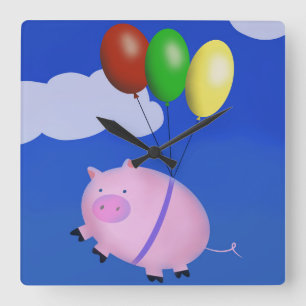 When Pigs Fly Cute Pig Floating Balloons Quadratische Wanduhr