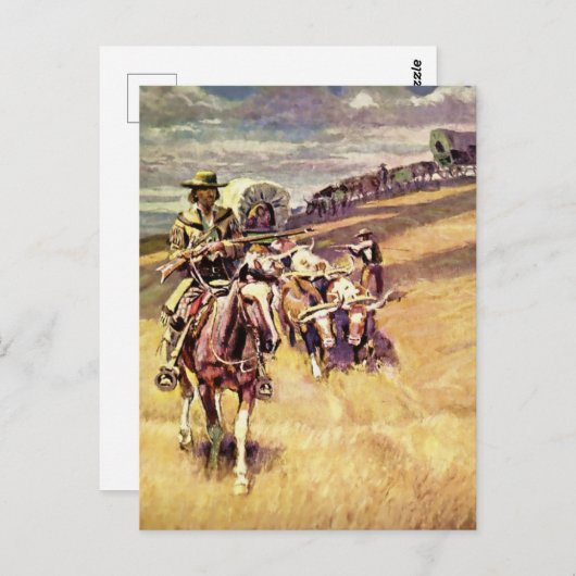 "When Wagon Trains Where Dim" von Charles M Russel Postkarte (Vorne/Hinten)