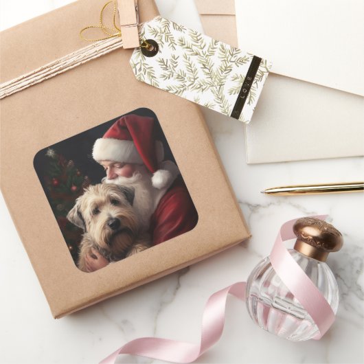 Wheon Terrier mit Weihnachtsmann Weihnachten Quadratischer Aufkleber (Schenken)