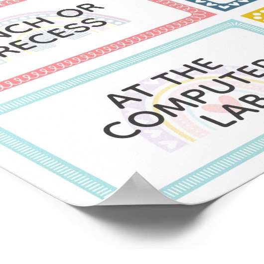 Where Are We Classroom Door Sign in Boho Rainbow Poster (Ecke)