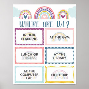 Where Are We Classroom Door Sign in Boho Rainbow Poster