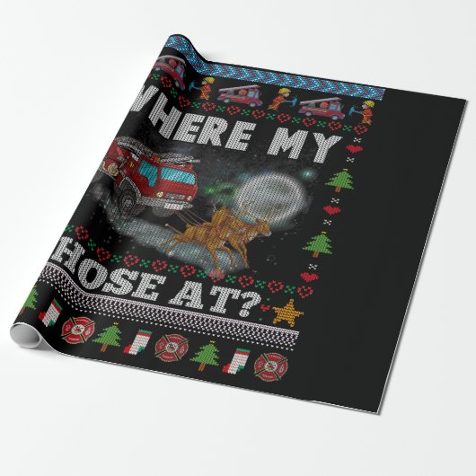 WHERE MY HOSE FIREFIGHTER Ugly Christmas Sweater Geschenkpapier (Ungerollt)