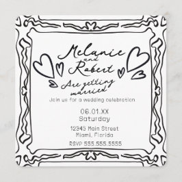 Whimiscal Cute Doodles Black White Frame Wedding Einladung