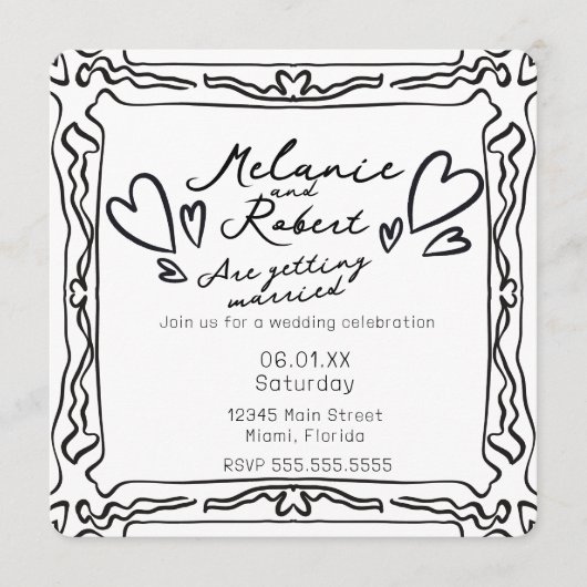 Whimiscal Cute Doodles Black White Frame Wedding Einladung (Vorderseite)