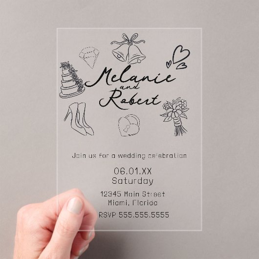 Whimiscal Cute Doodles Black White Wedding Acryleinladungen (Insitu (Handheld))