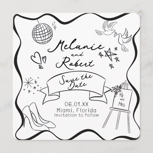 Whimiscal Doodles Black White Frame Save the Date Einladung (Vorderseite)