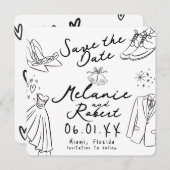 Whimiscal Doodles Groom Bride Save the Date Einladung (Vorne/Hinten)