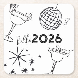 Whimiscal Doodles Hello 2026 New Years Gold Rechteckiger Pappuntersetzer