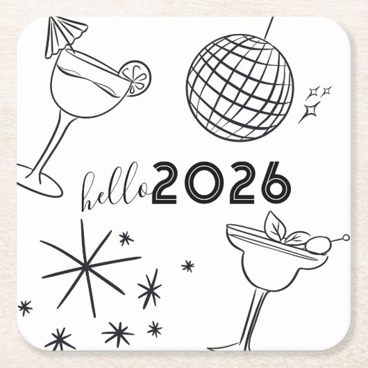 Whimiscal Doodles Hello 2026 New Years Gold Rechteckiger Pappuntersetzer (Vorderseite)