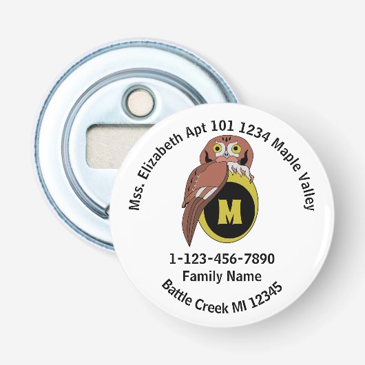 Whimiscal Owl Monogram Lost Family Zuhause Address Flaschenöffner (Vorderseite)