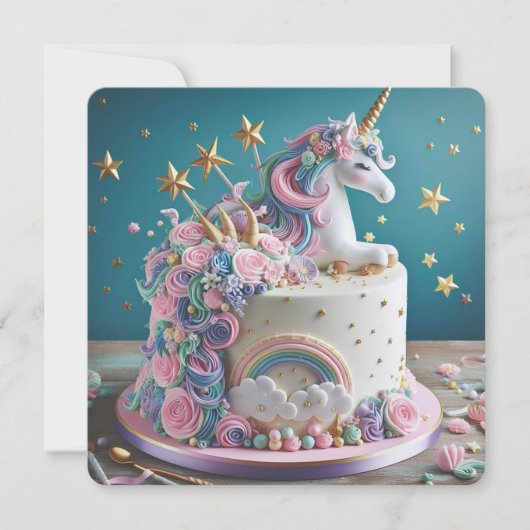 WHIMISCAL PINK & BLUE UNICORN CAKE BIRTHDAY EINLADUNG (Vorderseite)
