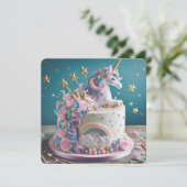 WHIMISCAL PINK & BLUE UNICORN CAKE BIRTHDAY EINLADUNG (Stehend Vorderseite)