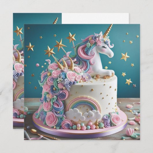 WHIMISCAL PINK & BLUE UNICORN CAKE BIRTHDAY EINLADUNG (Vorne/Hinten)