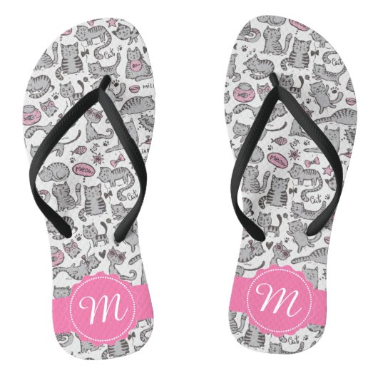 Whimiscal Pink und Gray Cartoon Cat Geschenk Ideen Badesandalen (Fußbett)