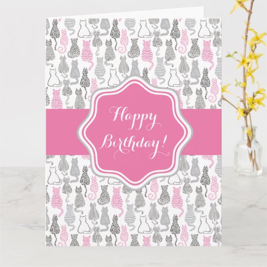 Whimiscal Pink und Gray Sketch Cat Geschenkideen Karte (Gelbe Blume)