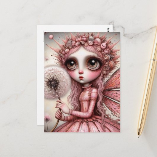 Whimisical Pink Dandelion Fairy Postkarte (Vorderseite/Rückseite Beispiel)