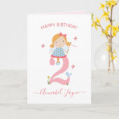 Whimsical 2. Geburtstagsmädchen niedlich pink Karte (Gelbe Blume)