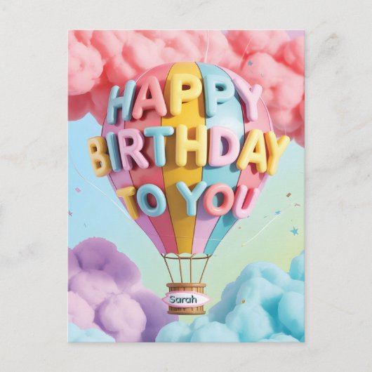 Whimsical 3D "Happy Birthday" Hot Air Balloon Postkarte (Vorderseite)