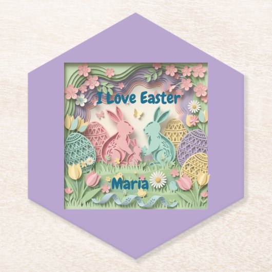 Whimsical 3D Paper Cut Bunny & Easter Eggs Coaster Untersetzer (Vorderseite)